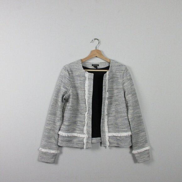 Club Monaco Tweed Jacket Women's Medium Gray Fringe Open Front Mid Length 390 - Picture 1 of 8